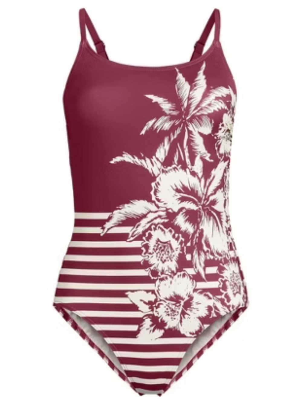 Lands' End Maroon and White Floral Stripe One-Piece Swimsuit